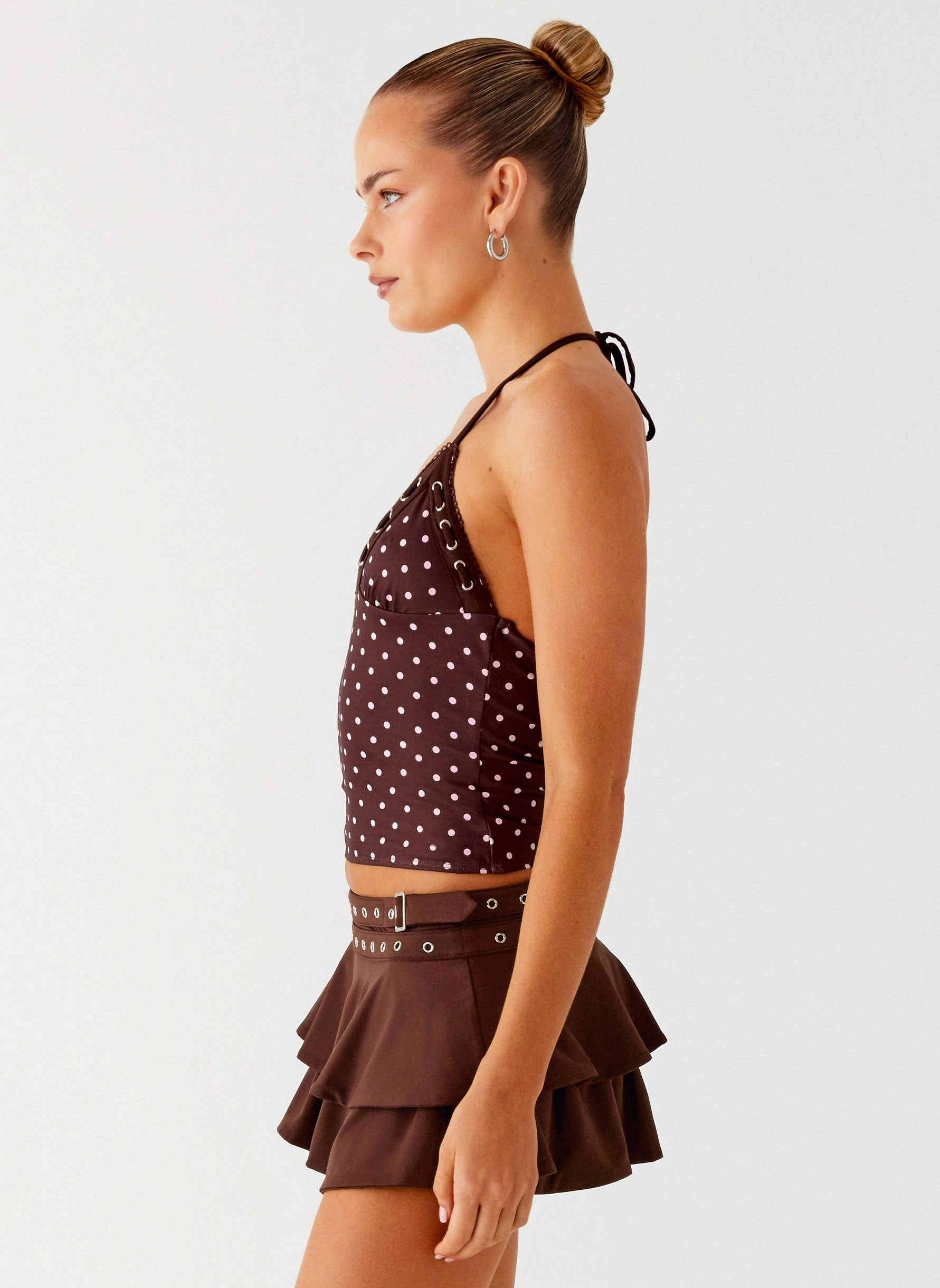 Four Way Stretch Fabric ReinforcedHems Bahama Eyelet Lace Up Top - Chocolate Strawberry Dot