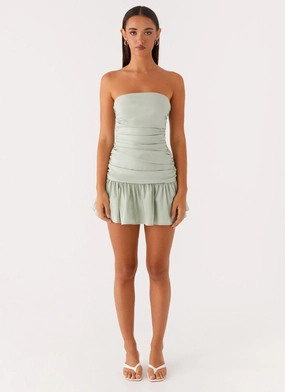 Balloon Hem Carmel Mini Dress - Sage Elegant Touch Simple Flow Carmel Mini Dress - Sage