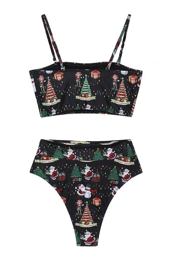 Bandeau High Waisted High Cut Christmas Print Bathing Suit