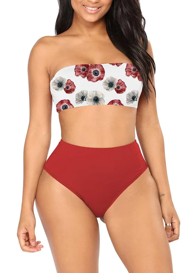 Bandeau High Waisted High Cut Christmas Print Bathing Suit