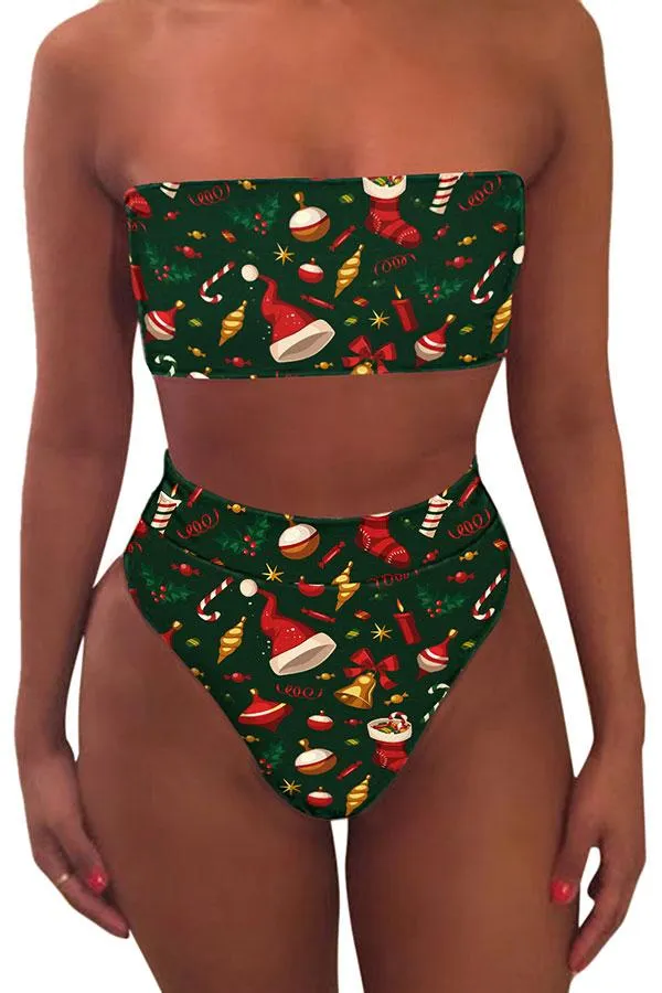 Bandeau High Waisted High Cut Christmas Print Bathing Suit