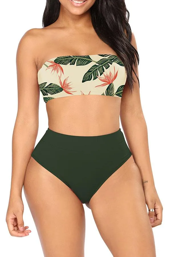 Bandeau High Waisted High Cut Christmas Print Bathing Suit