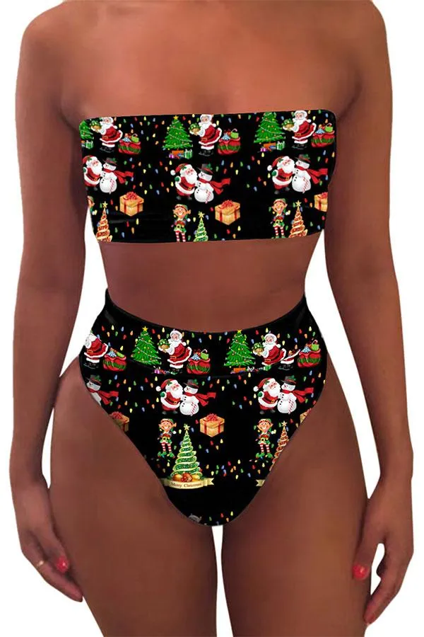 Bandeau High Waisted High Cut Christmas Print Bathing Suit