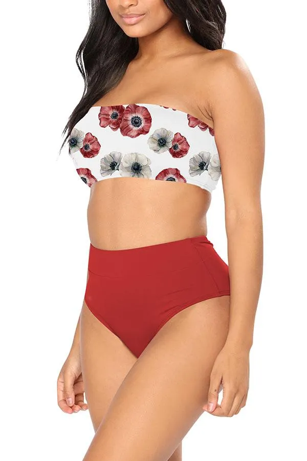 Bandeau High Waisted High Cut Christmas Print Bathing Suit