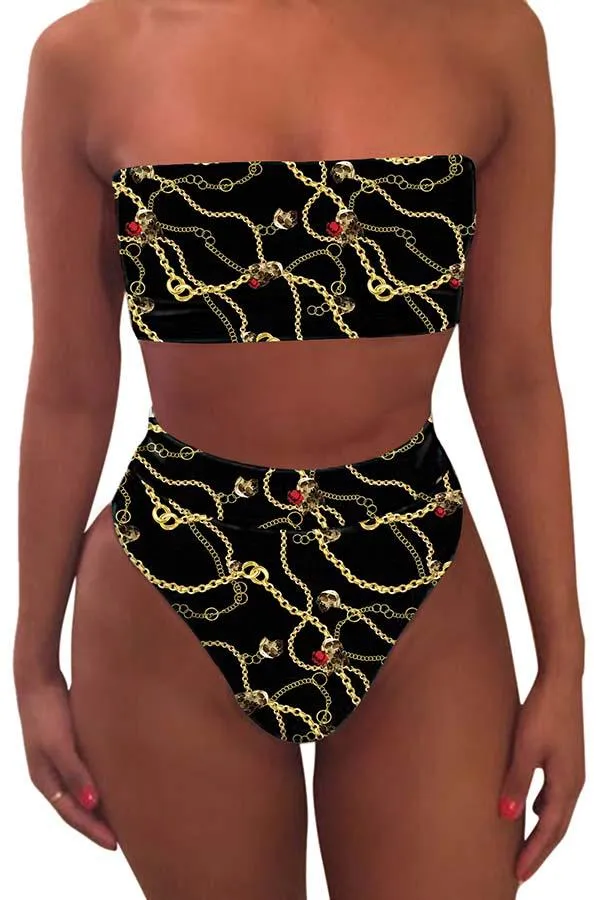 Bandeau High Waisted High Cut Christmas Print Bathing Suit