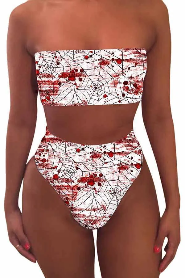 Bandeau High Waisted High Cut Christmas Print Bathing Suit