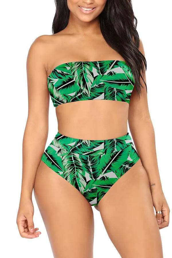 Bandeau High Waisted High Cut Christmas Print Bathing Suit