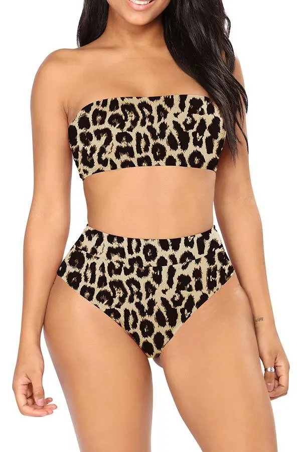 Bandeau High Waisted High Cut Christmas Print Bathing Suit