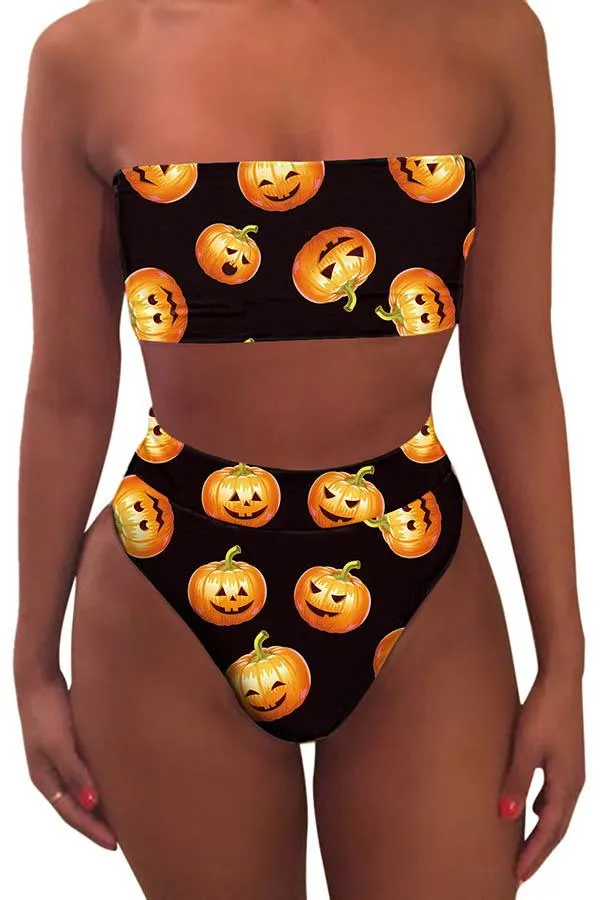 Bandeau High Waisted High Cut Christmas Print Bathing Suit