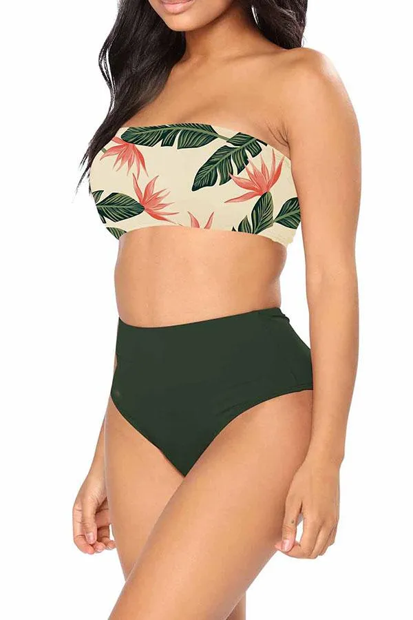 Bandeau High Waisted High Cut Christmas Print Bathing Suit
