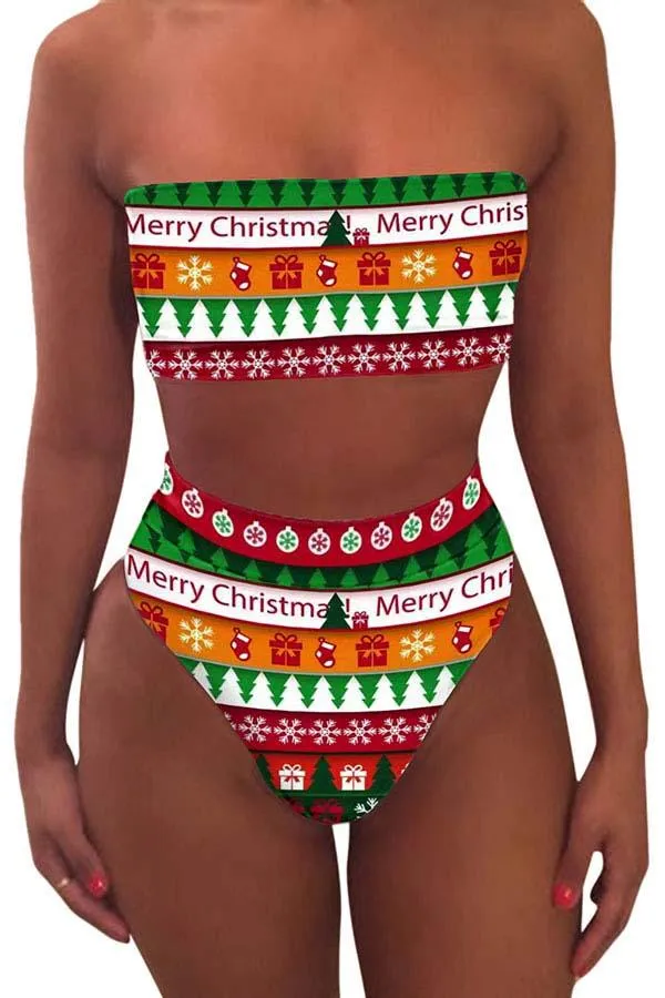Bandeau High Waisted High Cut Christmas Print Bathing Suit