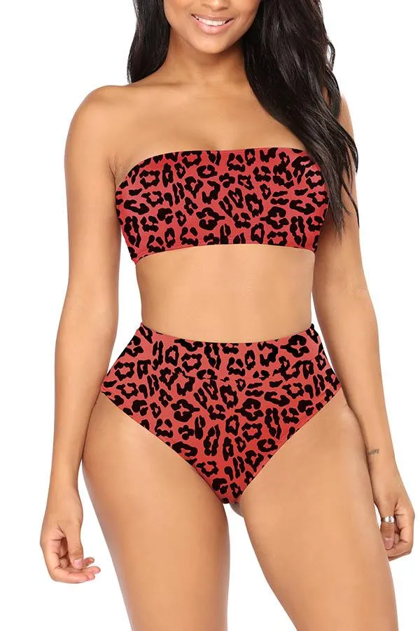 Bandeau High Waisted High Cut Christmas Print Bathing Suit