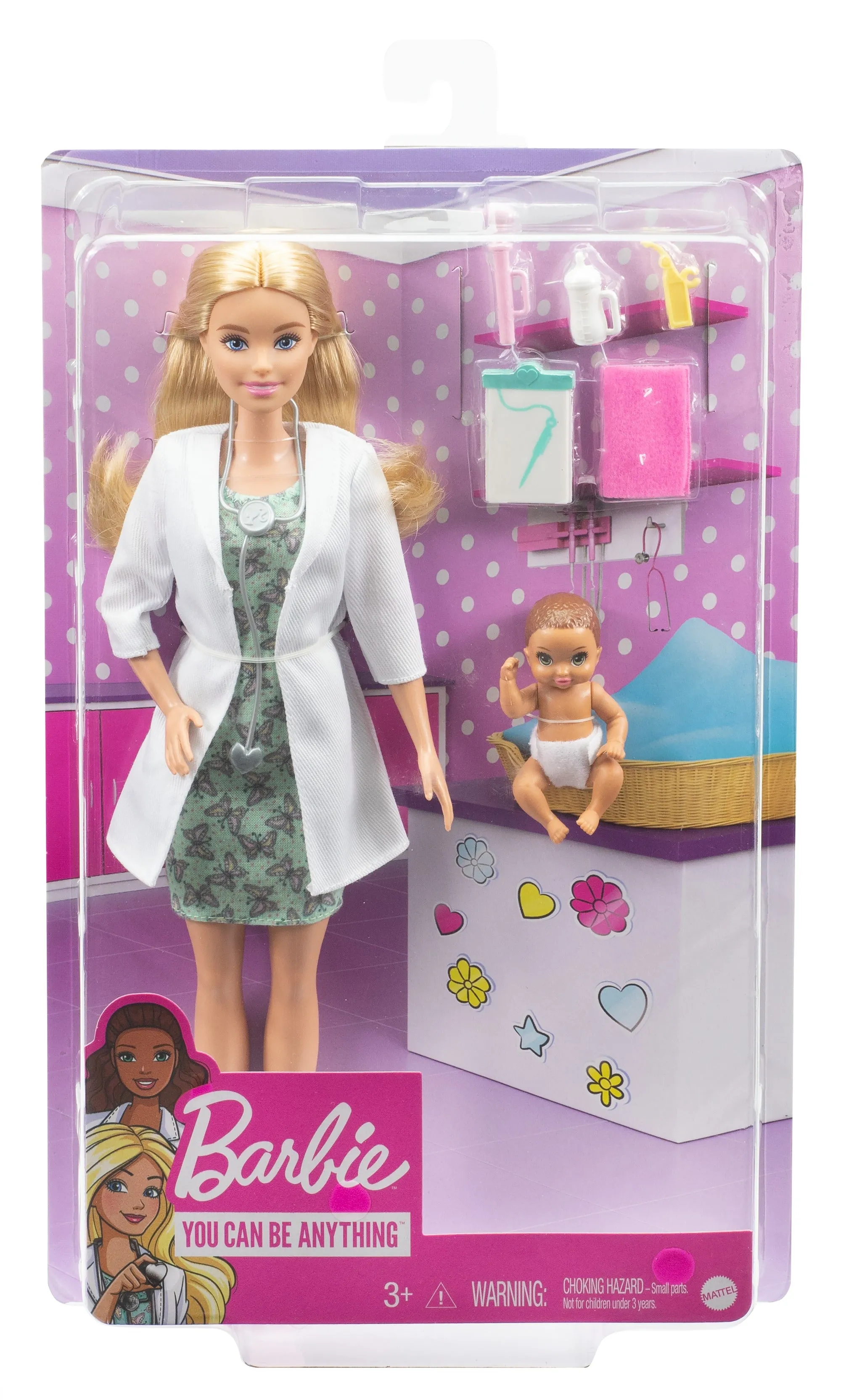 Barbie Baby Doctor Playset with 12 Inch Blonde Doll, Infant Doll, Stethoscope, Thermometer, Oscilloscope, Chart, Blanket & Baby Bottle for Kids Ages 3 