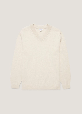 Base Layer Men's Lambswool V-neck Jumper in Oatmeal Melange Warm Outfit Men's Lambswool V-neck Jumper in Oatmeal Melange