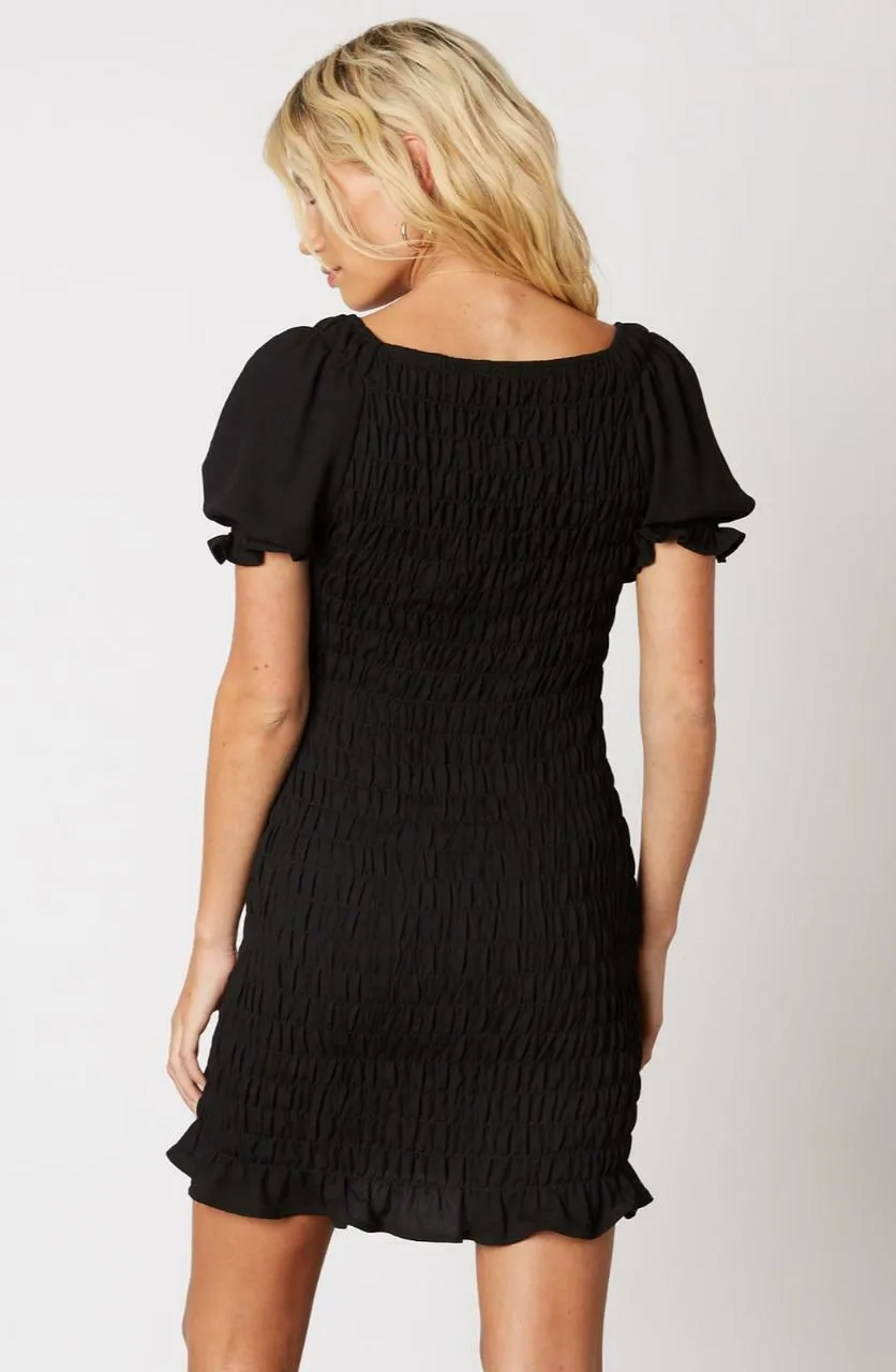 Basic Instincts Black Smocked Puff Sleeve Mini Dress