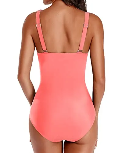 Bathing Suit Ruffle V Neck Swimwear For Women-Coral Pink