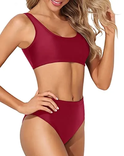 Bathing Suit Sexy Cheeky Bottom Two Piece Scoop Neck Bikini For Women-Red