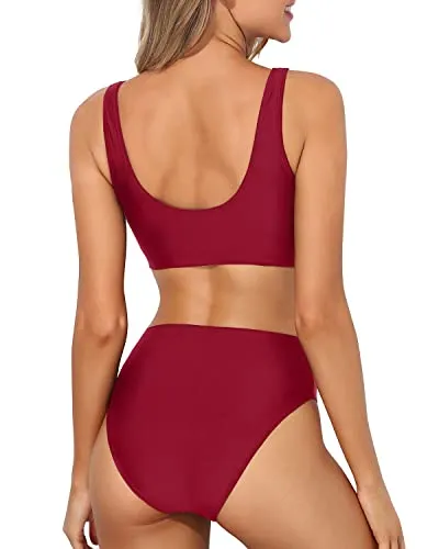 Bathing Suit Sexy Cheeky Bottom Two Piece Scoop Neck Bikini For Women-Red