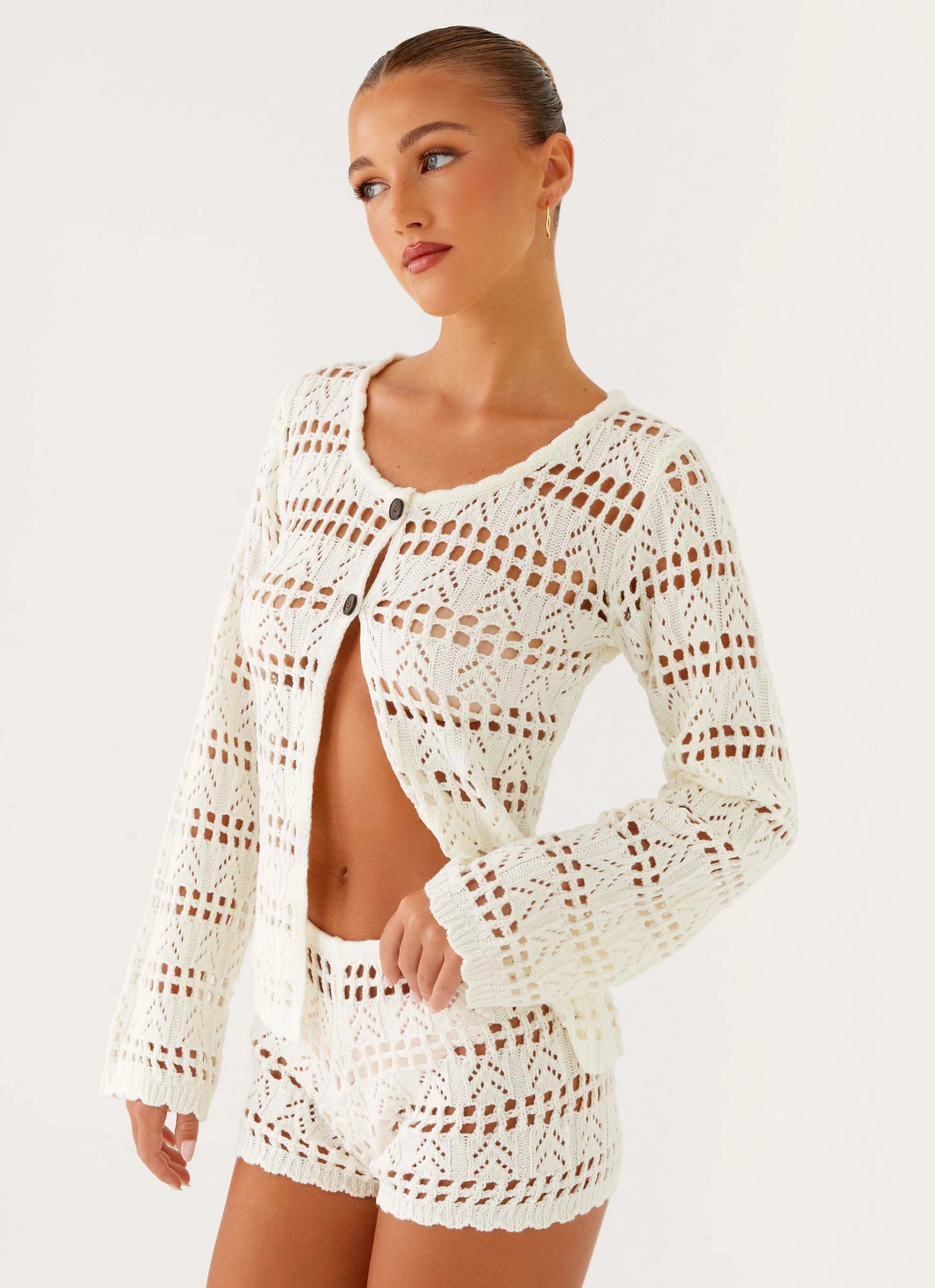 Baylock Crochet Long Sleeve Top - White RaglanSleeve Silicone Grip Interior