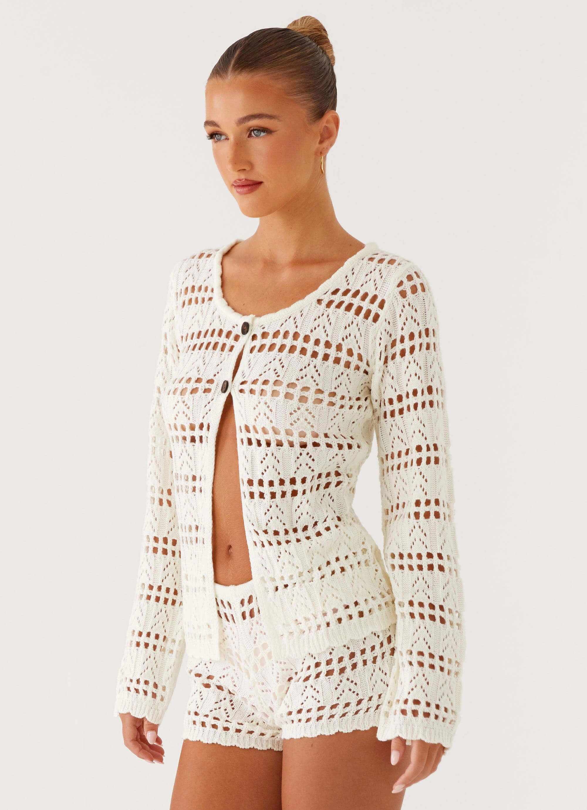 Ethically Sourced Yarn Baylock Crochet Long Sleeve Top - White