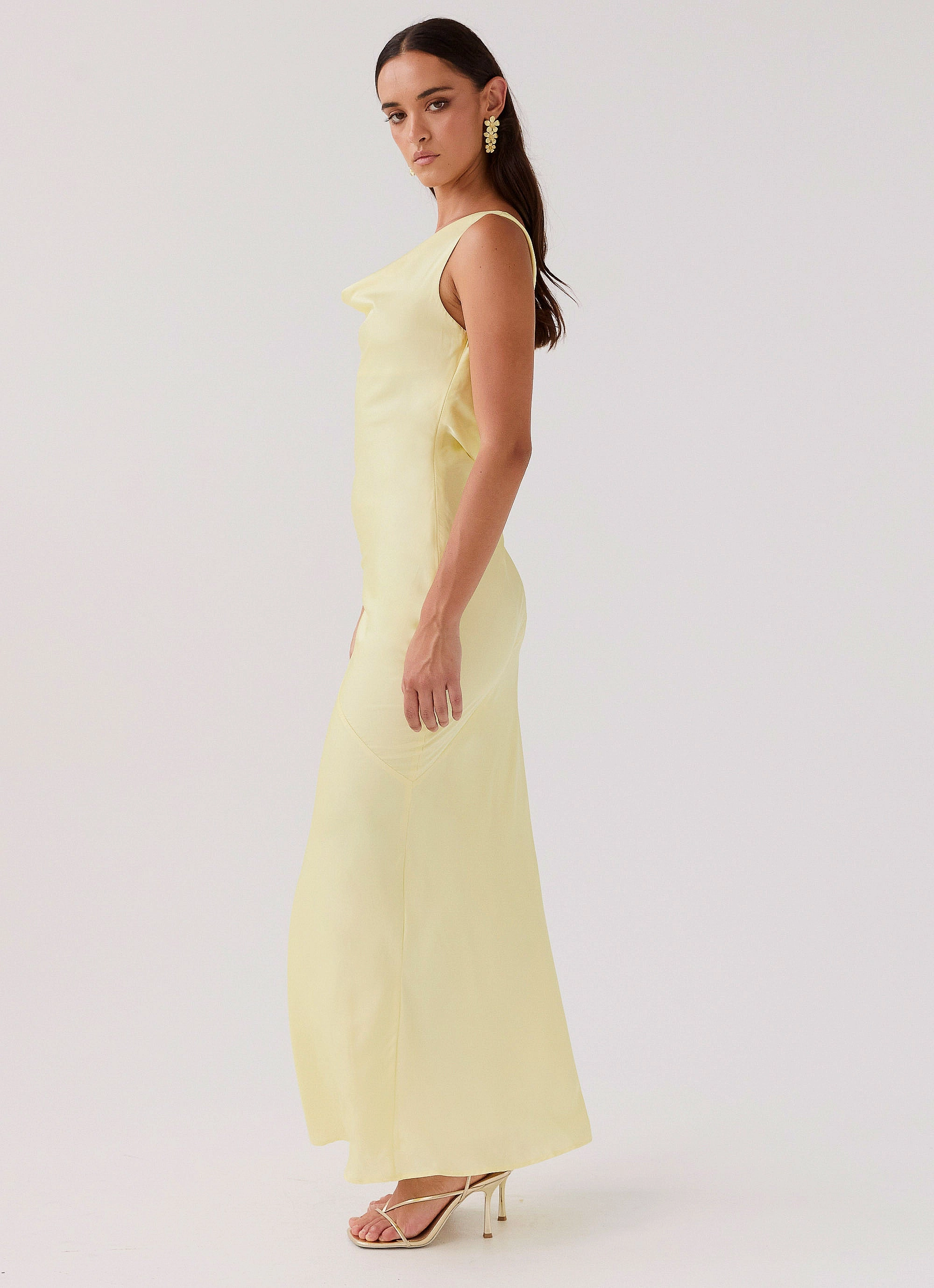 Be Mine Satin Maxi Dress - Canary Empire Waist Smooth Texture