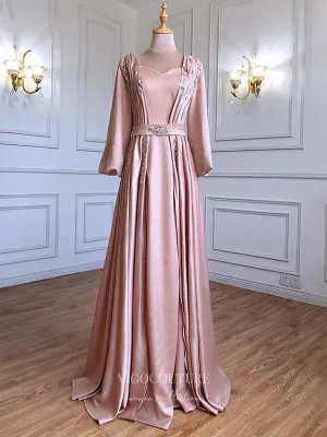 Beaded Satin Prom Dresses Long Sleeve Formal Dresses 21221