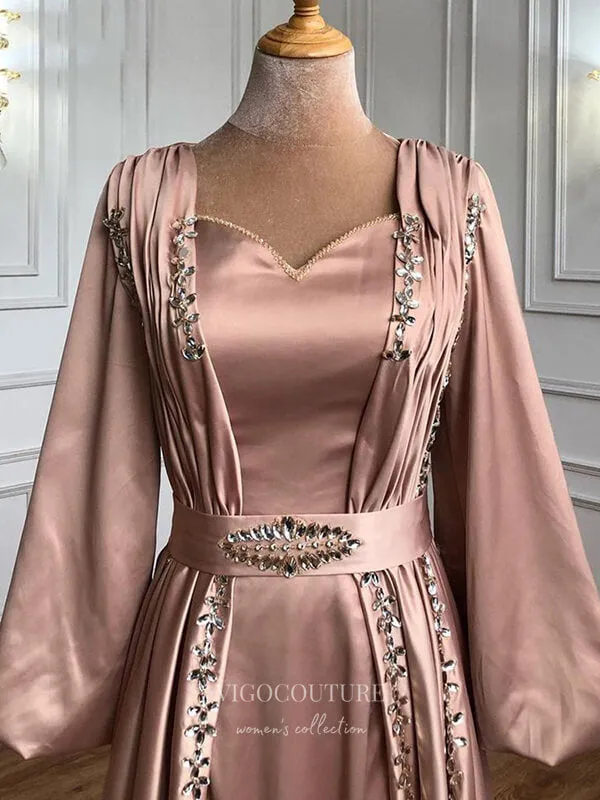 Beaded Satin Prom Dresses Long Sleeve Formal Dresses 21221