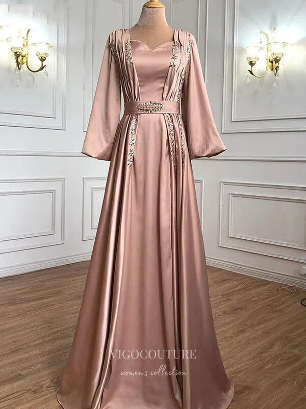 Beaded Satin Prom Dresses Long Sleeve Formal Dresses 21221