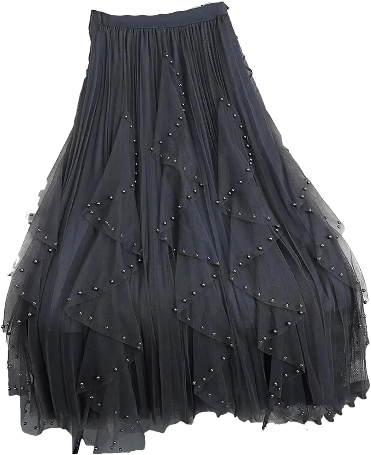 Beaded Tulle Skirt for Women Spring Autumn Irregular A- Line Draped High-Waisted Long Dresses Casual