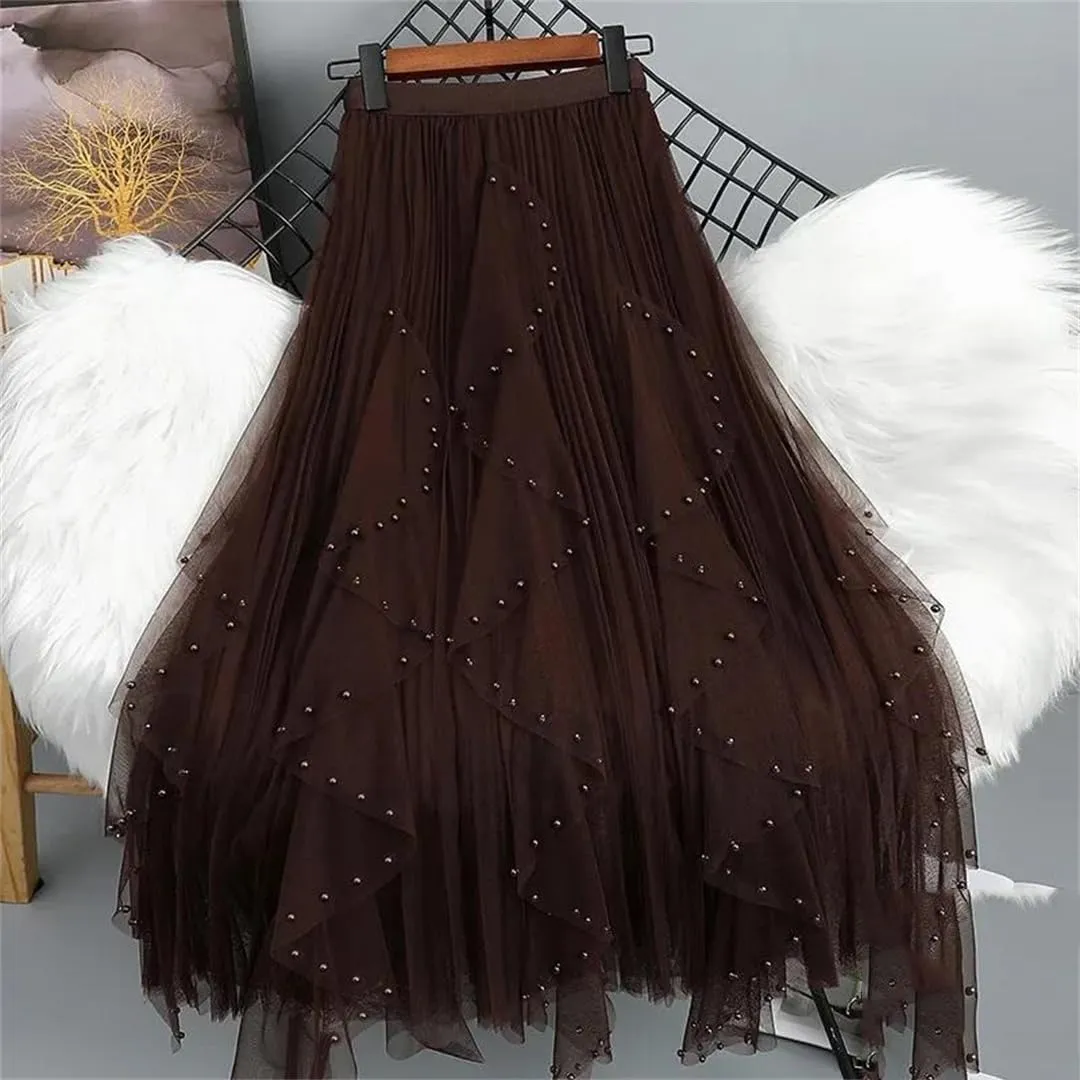 Beaded Tulle Skirt for Women Spring Autumn Irregular A- Line Draped High-Waisted Long Dresses Casual