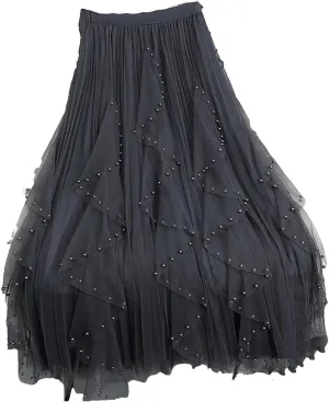 Beaded Tulle Skirt for Women Spring Autumn Irregular A- Line Draped High-Waisted Long Dresses Casual