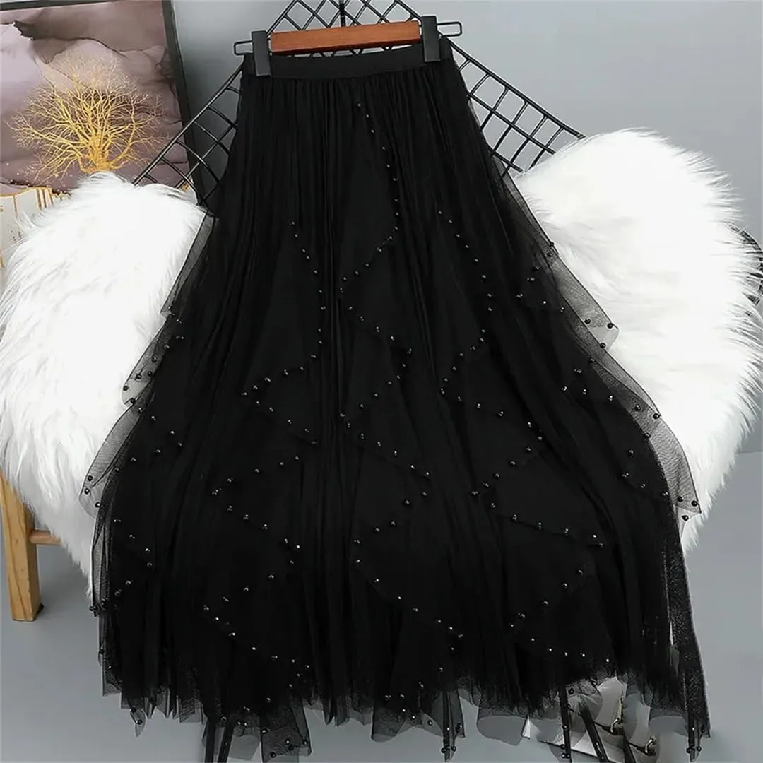 Beaded Tulle Skirt for Women Spring Autumn Irregular A- Line Draped High-Waisted Long Dresses Casual