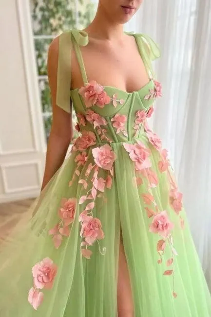 Beautiful spaghetti straps sleeveless a-line soft net evening dresses split front