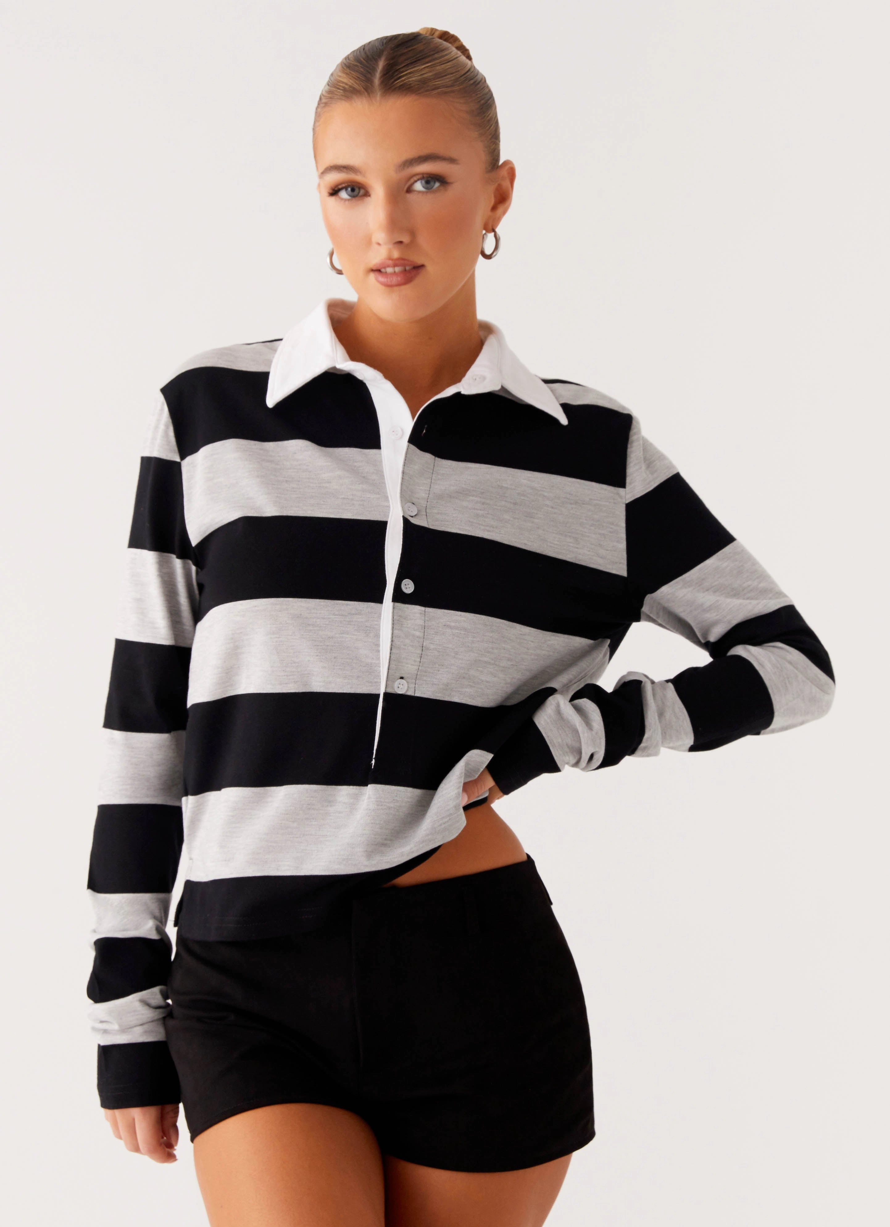 Recycled Polyester Material Beckett Polo Top - Grey Black Stripe