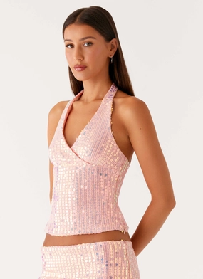 Been That Girl Halter Knit Sequin Top - Iridescent Pink Anti Static Weave AntiPilling Recycled Polyester Material Been That Girl Halter Knit Sequin Top - Iridescent Pink