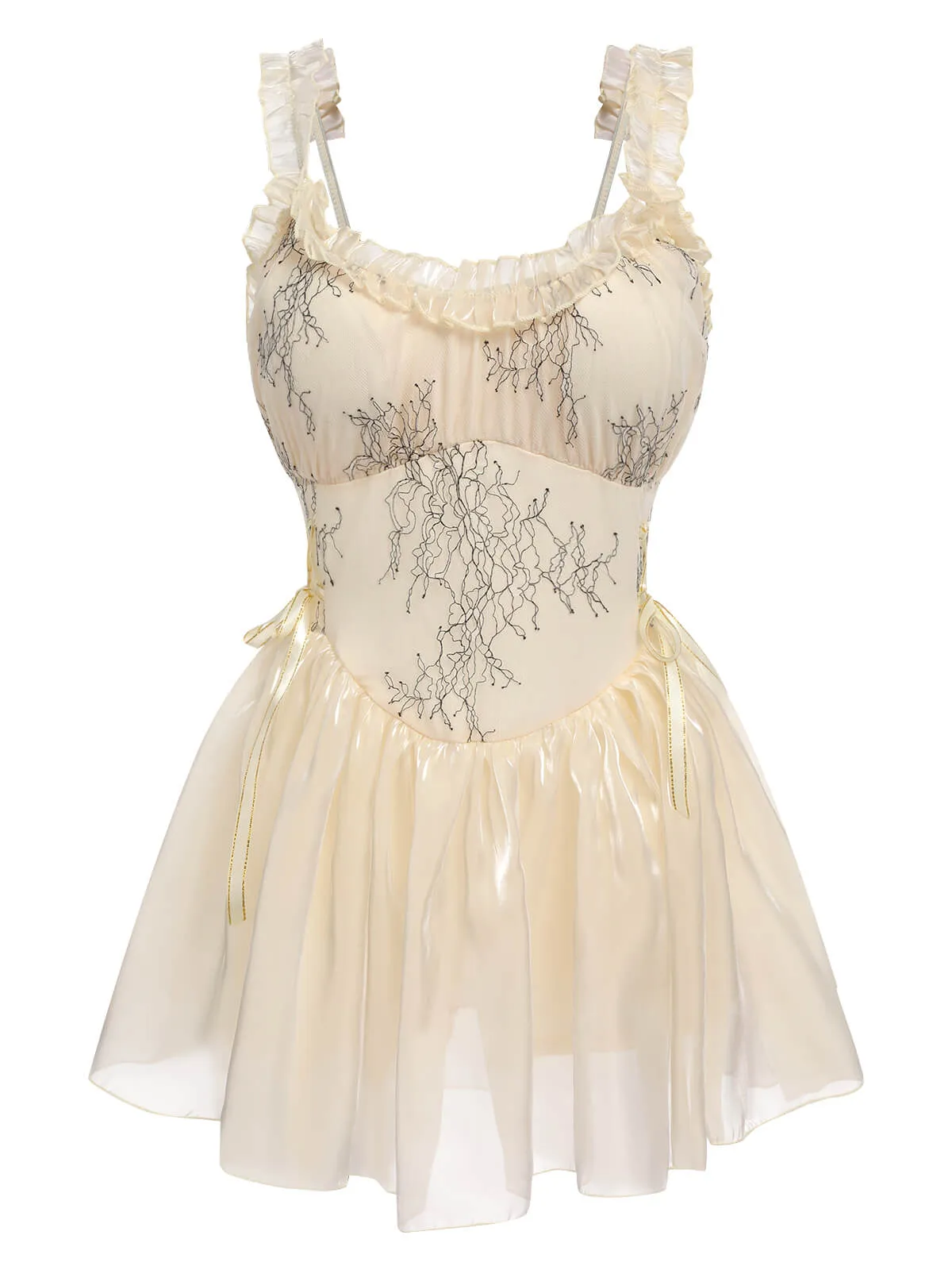 Beige 1930s Organza Ruffle One-Piece Swimsuit