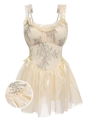 Beige 1930s Organza Ruffle One-Piece Swimsuit
