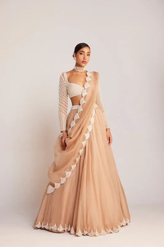 Beige Pearl Chandelier Drop Organza Lehenga Set