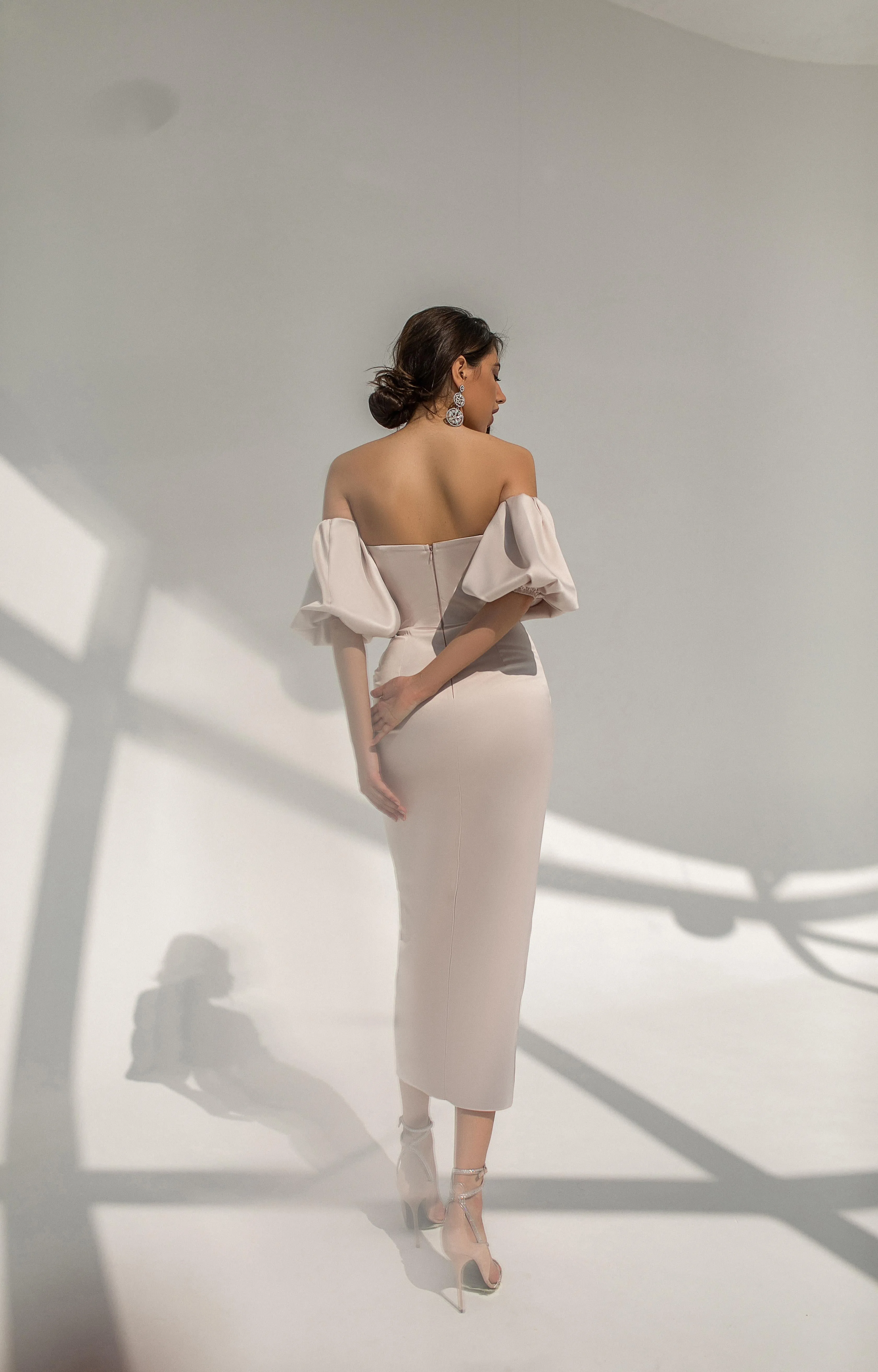 Beige Satin Puff-Sleeve Midi Dress