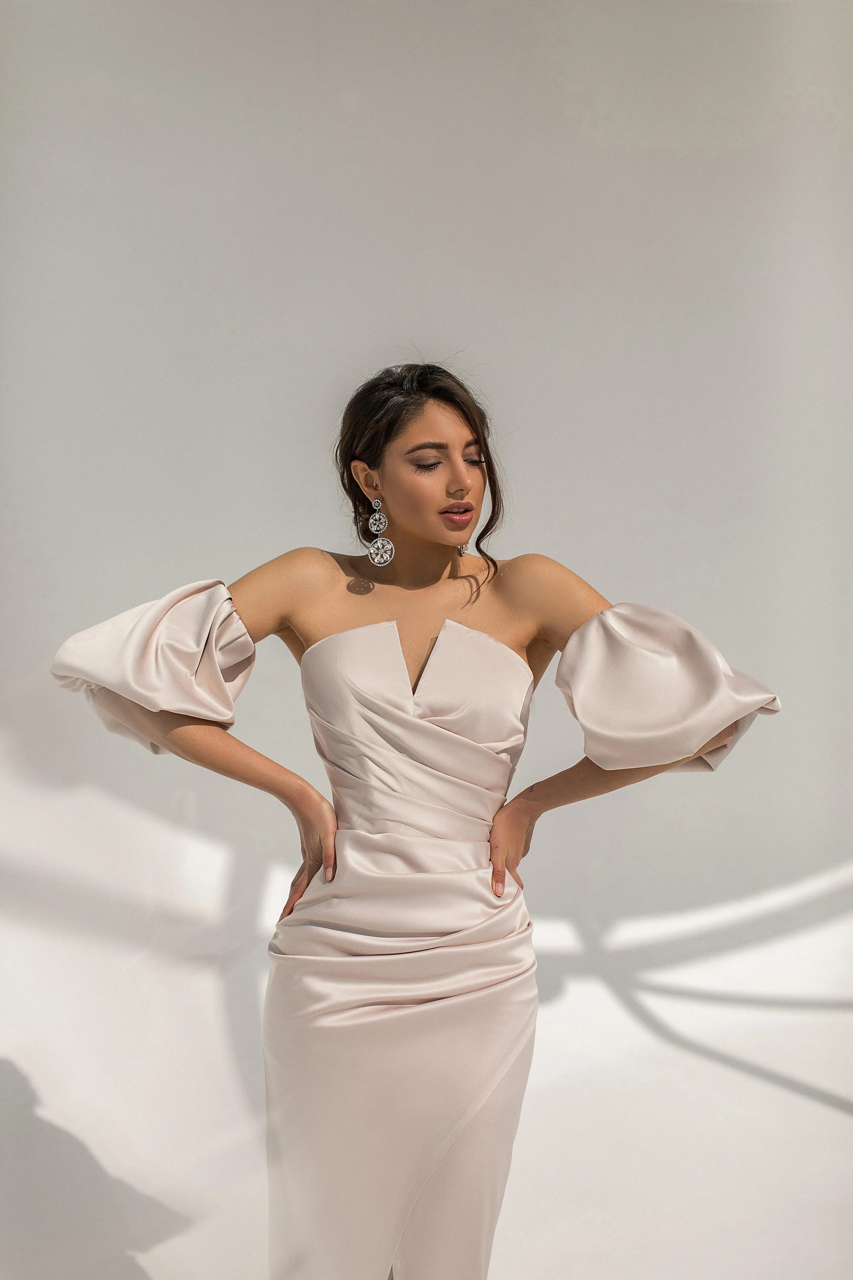Beige Satin Puff-Sleeve Midi Dress