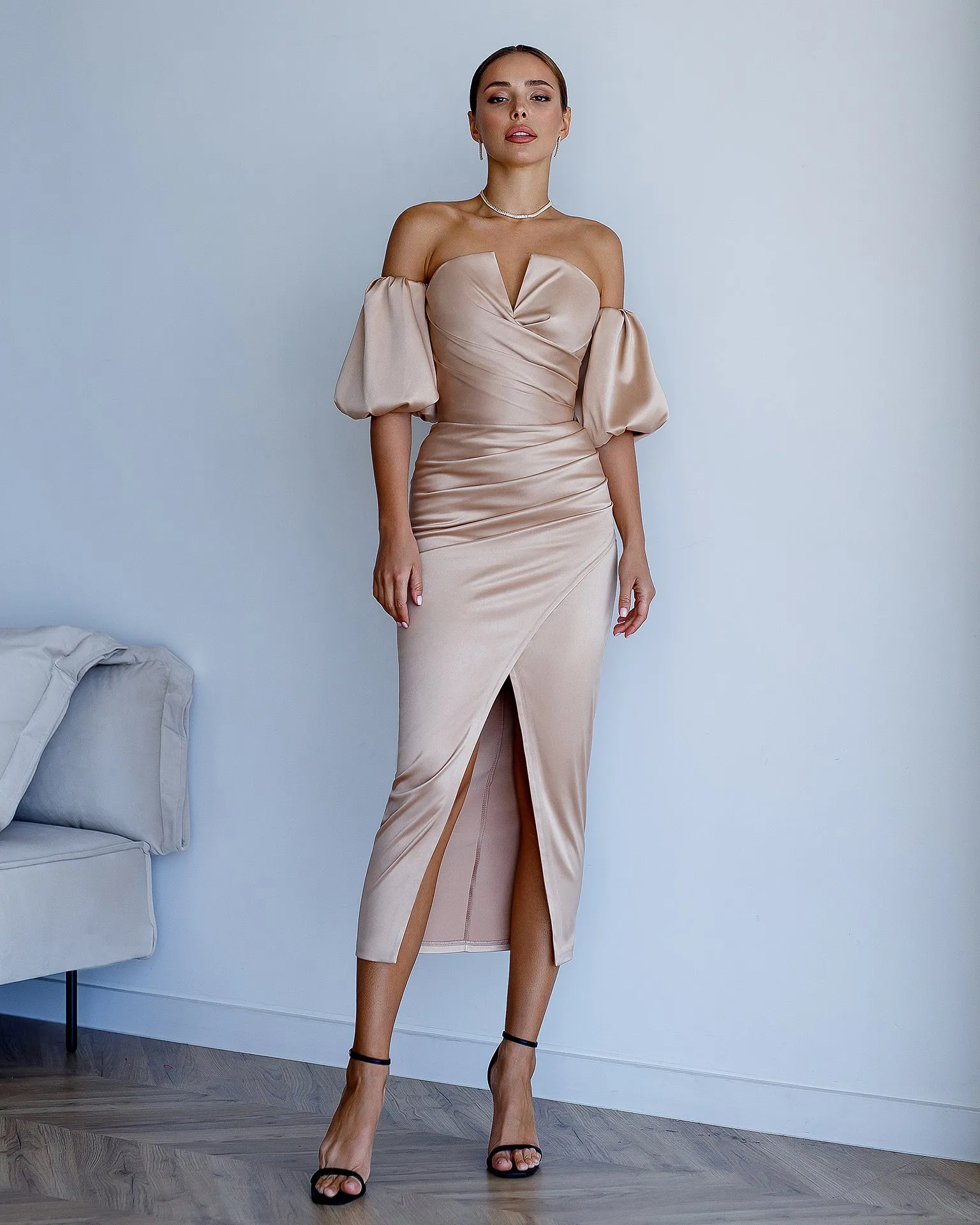 Beige Satin Puff-Sleeve Midi Dress