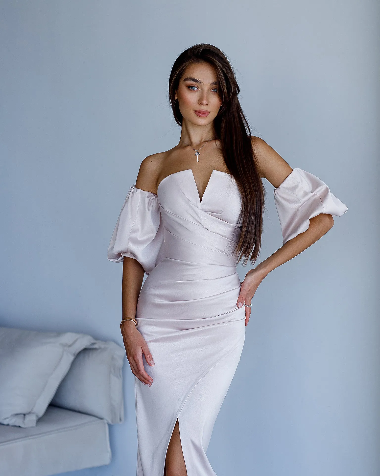 Beige Satin Puff-Sleeve Midi Dress