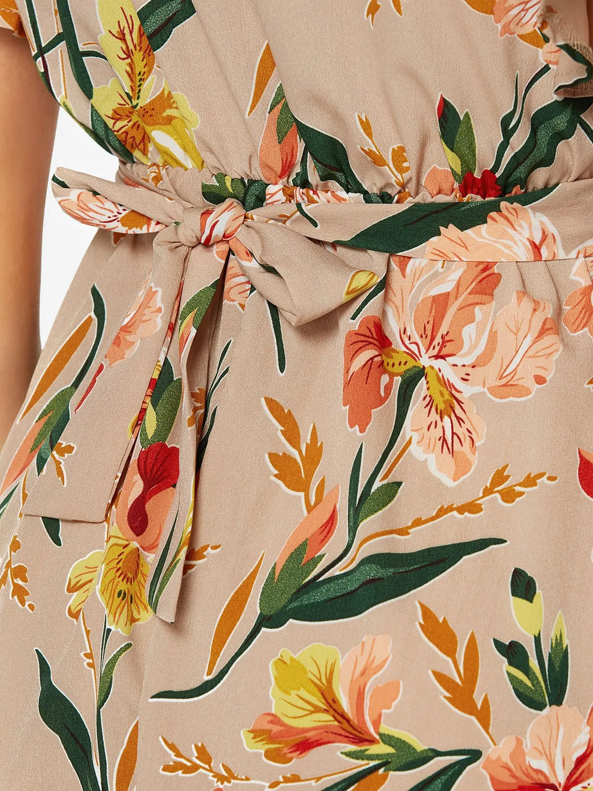Beige V-Neck Short Sleeve Floral Print Belt Self-Tie Flounced Hem Dresses