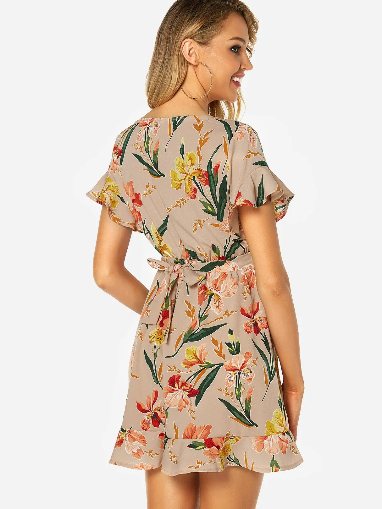 Beige V-Neck Short Sleeve Floral Print Belt Self-Tie Flounced Hem Dresses