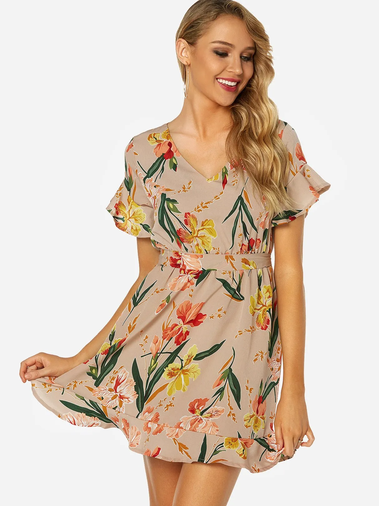Beige V-Neck Short Sleeve Floral Print Belt Self-Tie Flounced Hem Dresses