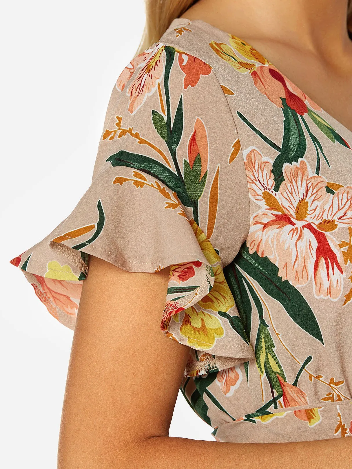 Beige V-Neck Short Sleeve Floral Print Belt Self-Tie Flounced Hem Dresses