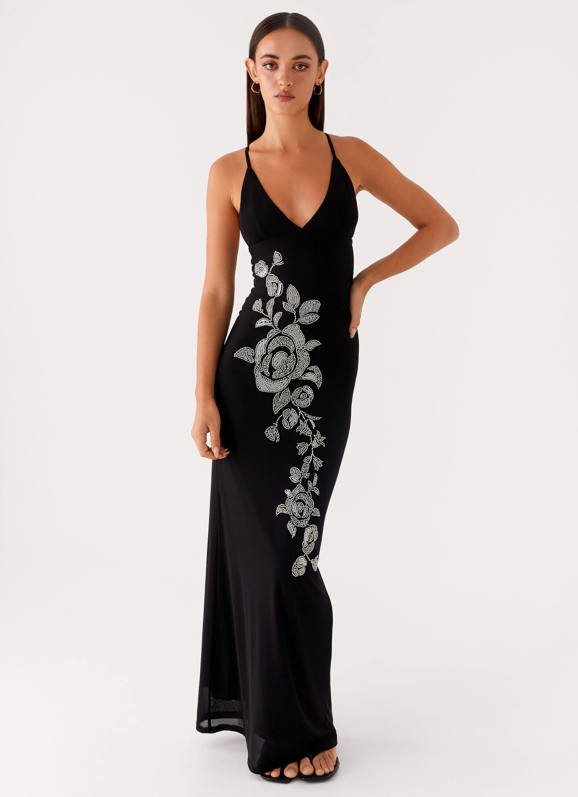 Beki Beaded Mesh Maxi Dress - Black Sleek Waist