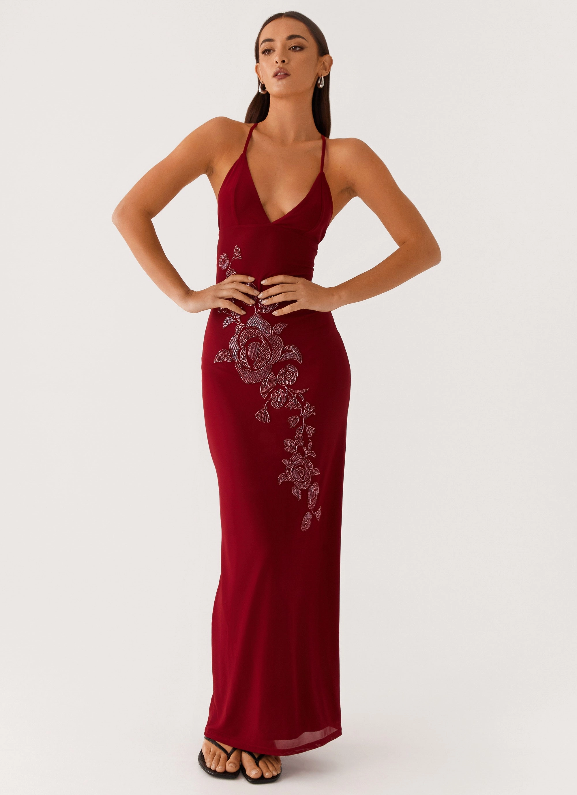 Polished Look Beki Beaded Mesh Maxi Dress - Deep Red