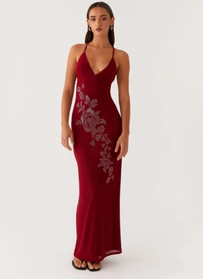 Street Elegance Beki Beaded Mesh Maxi Dress - Deep Red