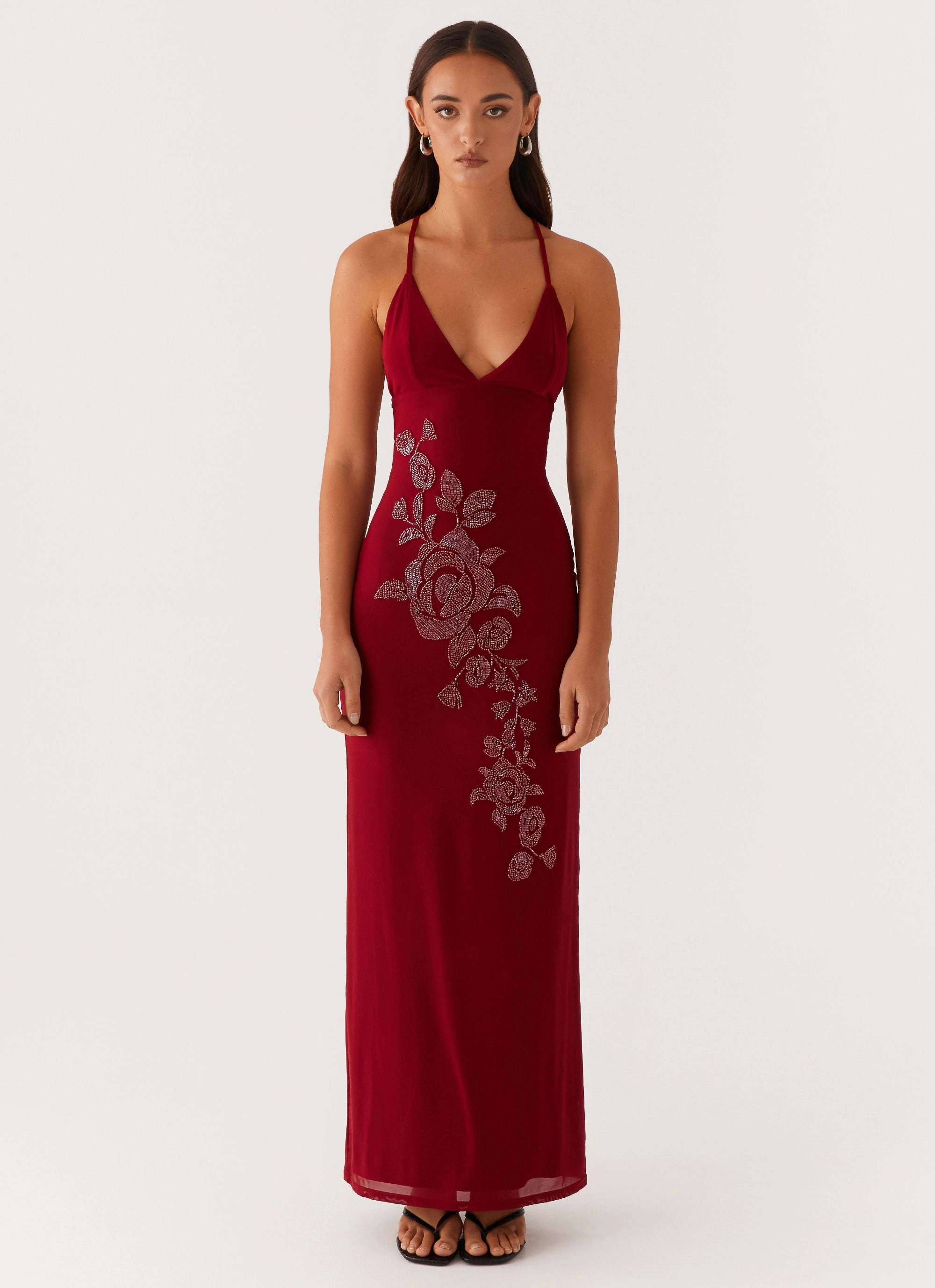 Beki Beaded Mesh Maxi Dress - Deep Red Muted Tones